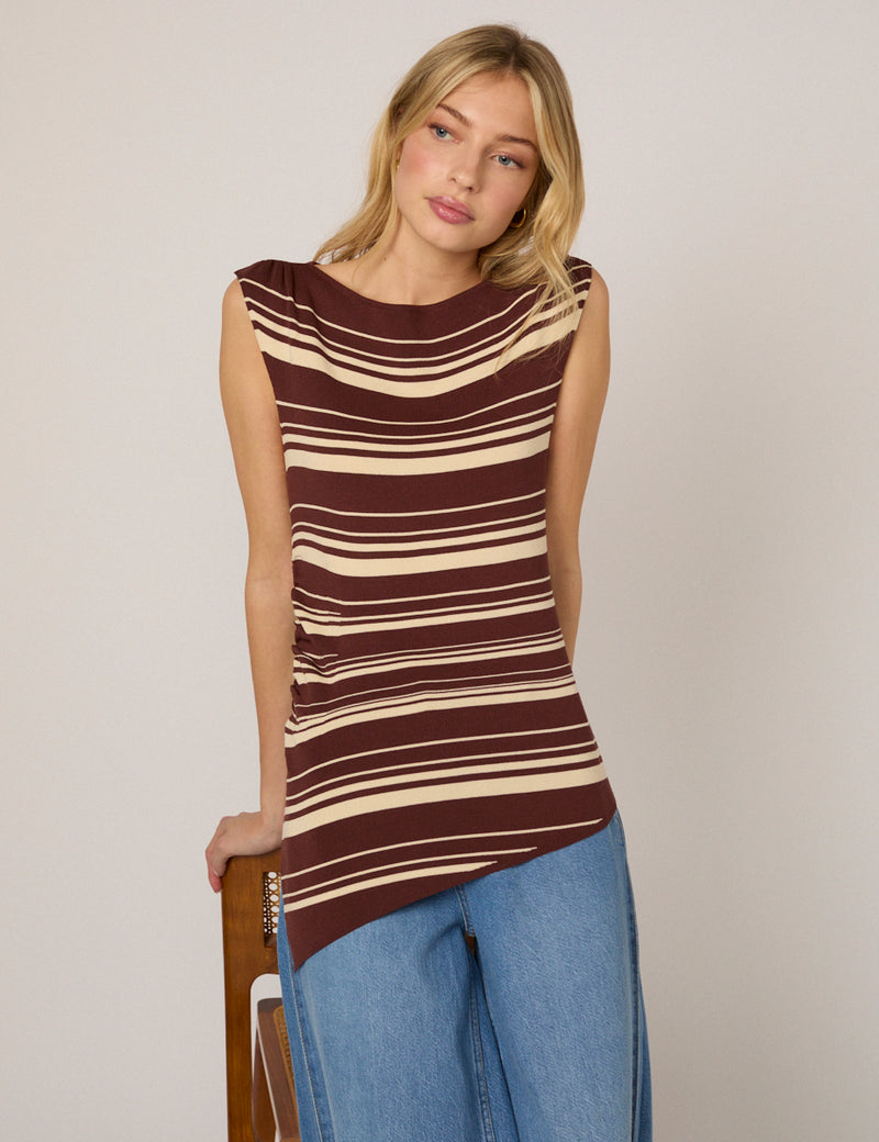 Brown Striped Boat Neck Knitted Top
