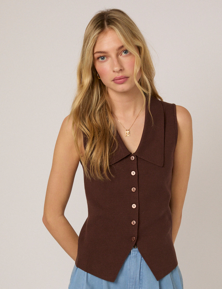 Brown Knitted  Collared Waistcoat