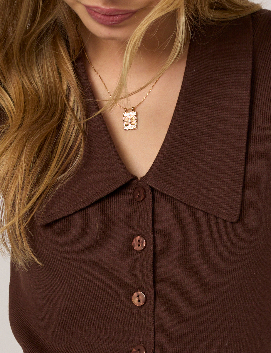 Brown Knitted  Collared Waistcoat