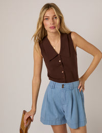 Brown Knitted  Collared Waistcoat