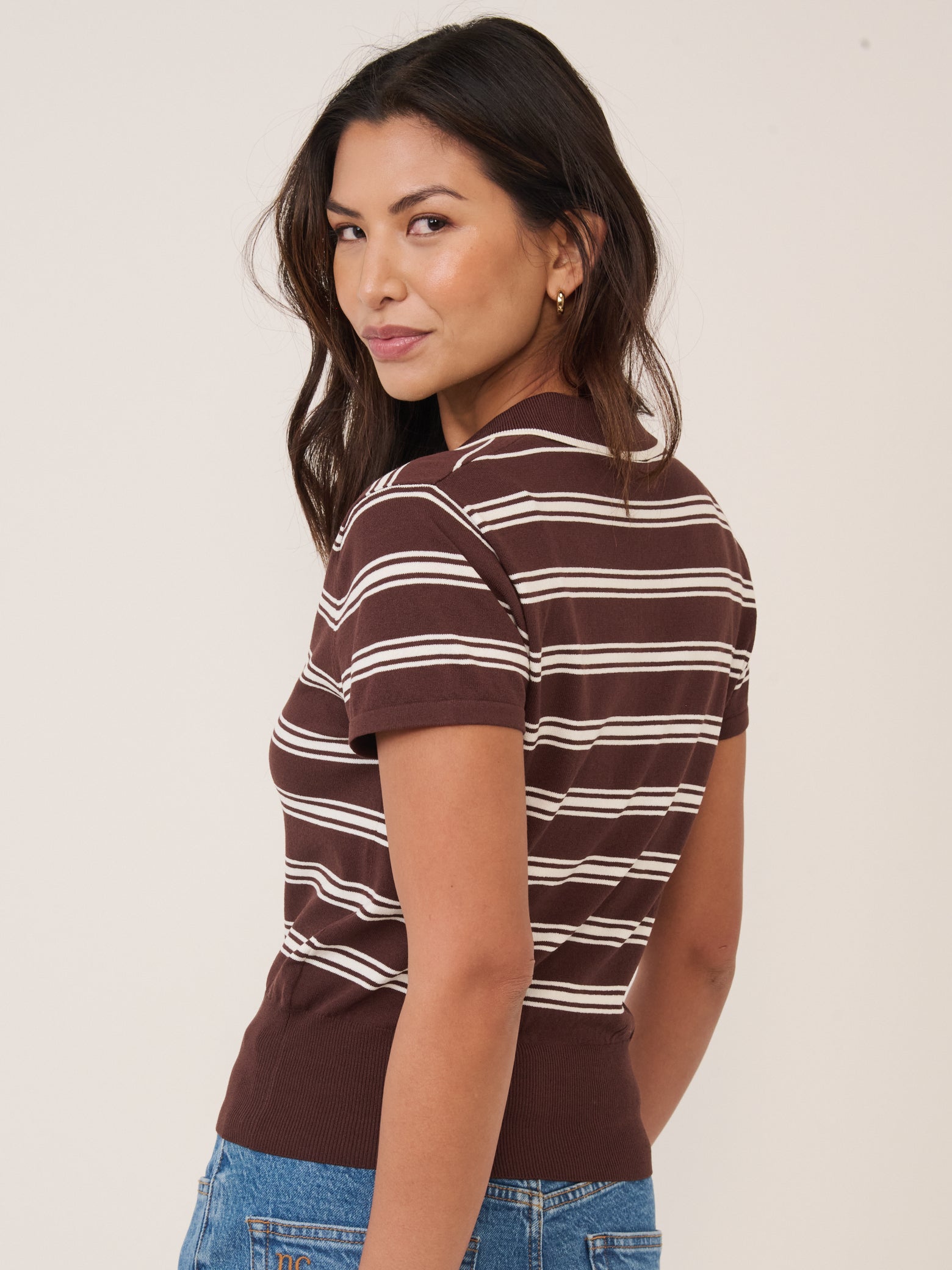 Brown Striped Knitted Polo Top