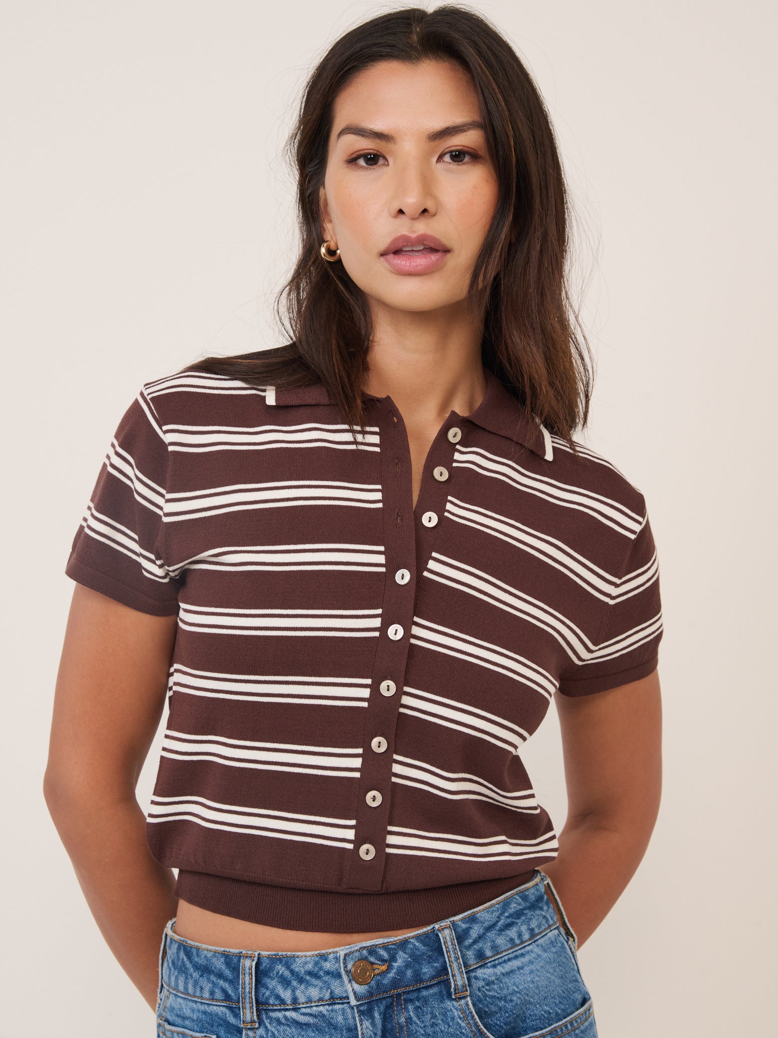 Brown Striped Knitted Polo Top