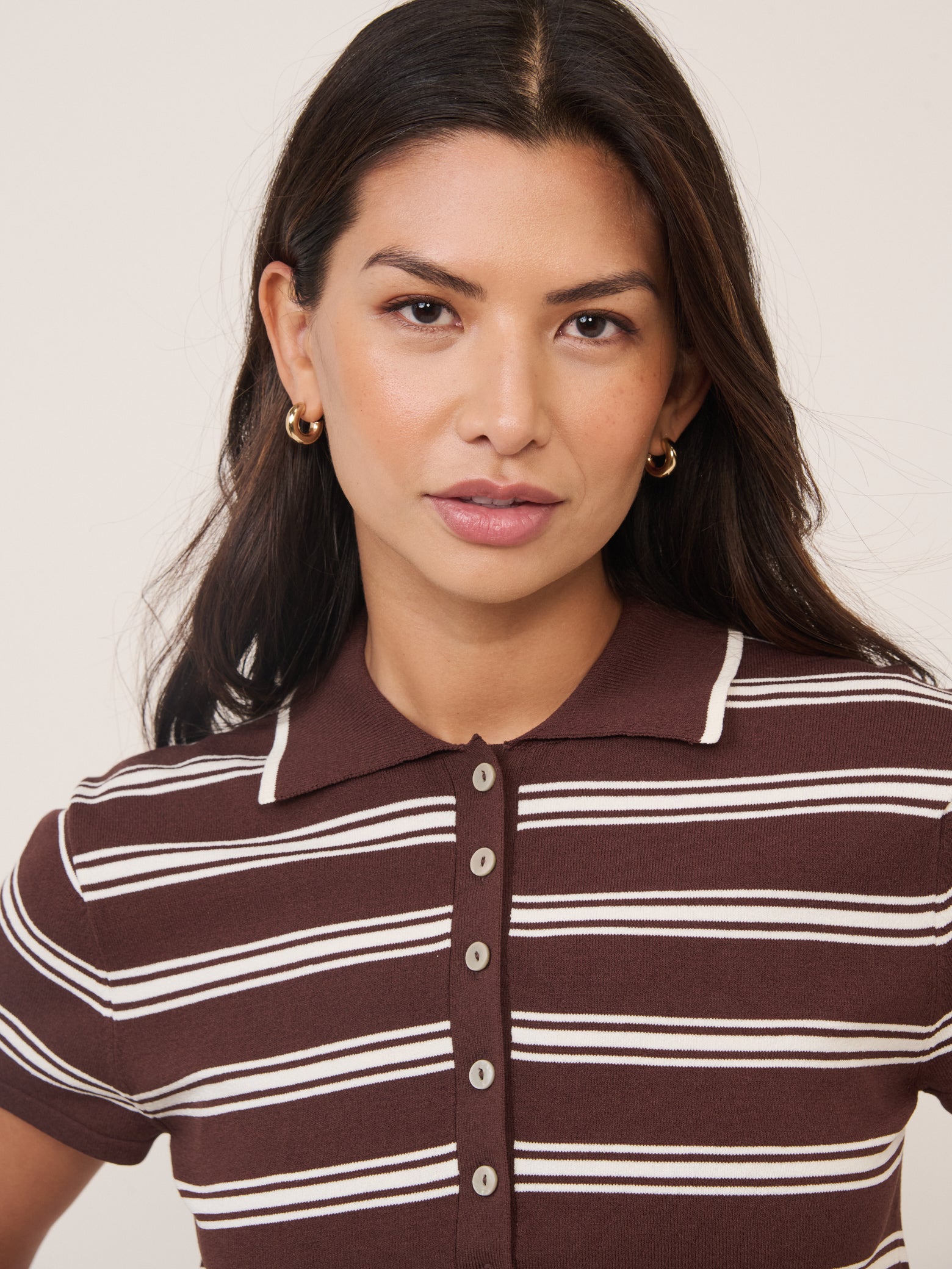 Brown Striped Knitted Polo Top