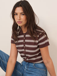 Brown Striped Knitted Polo Top
