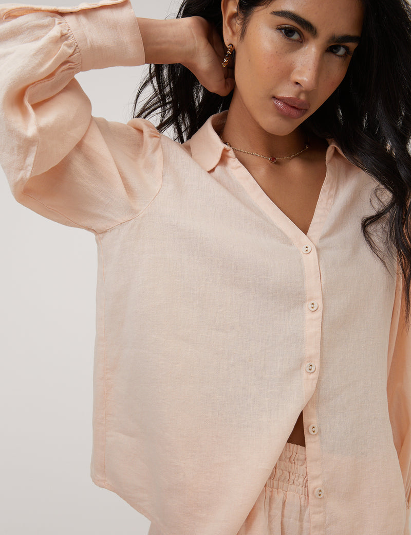Peach Linen-Blend Blouse