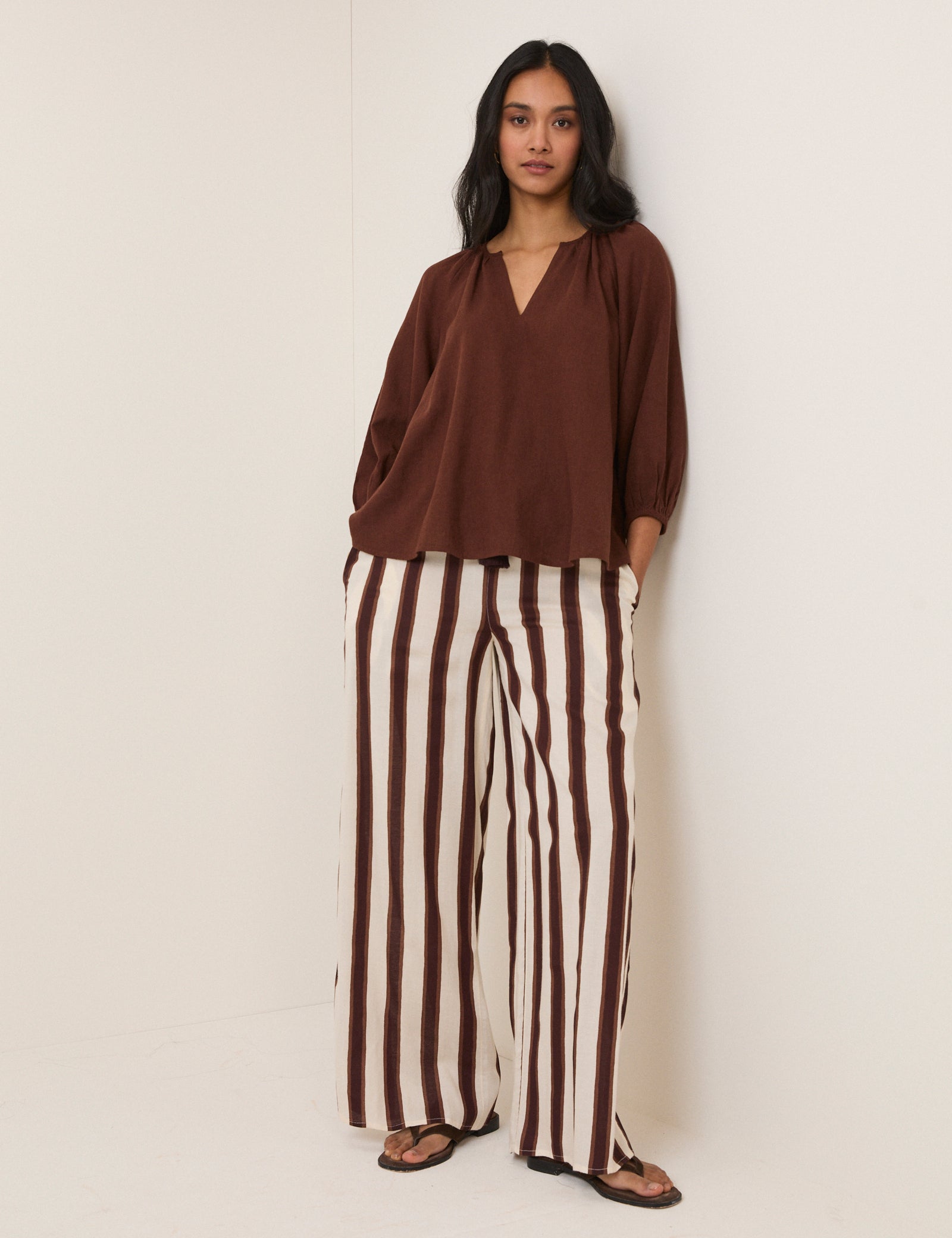 Brown Linen-blend Blouse