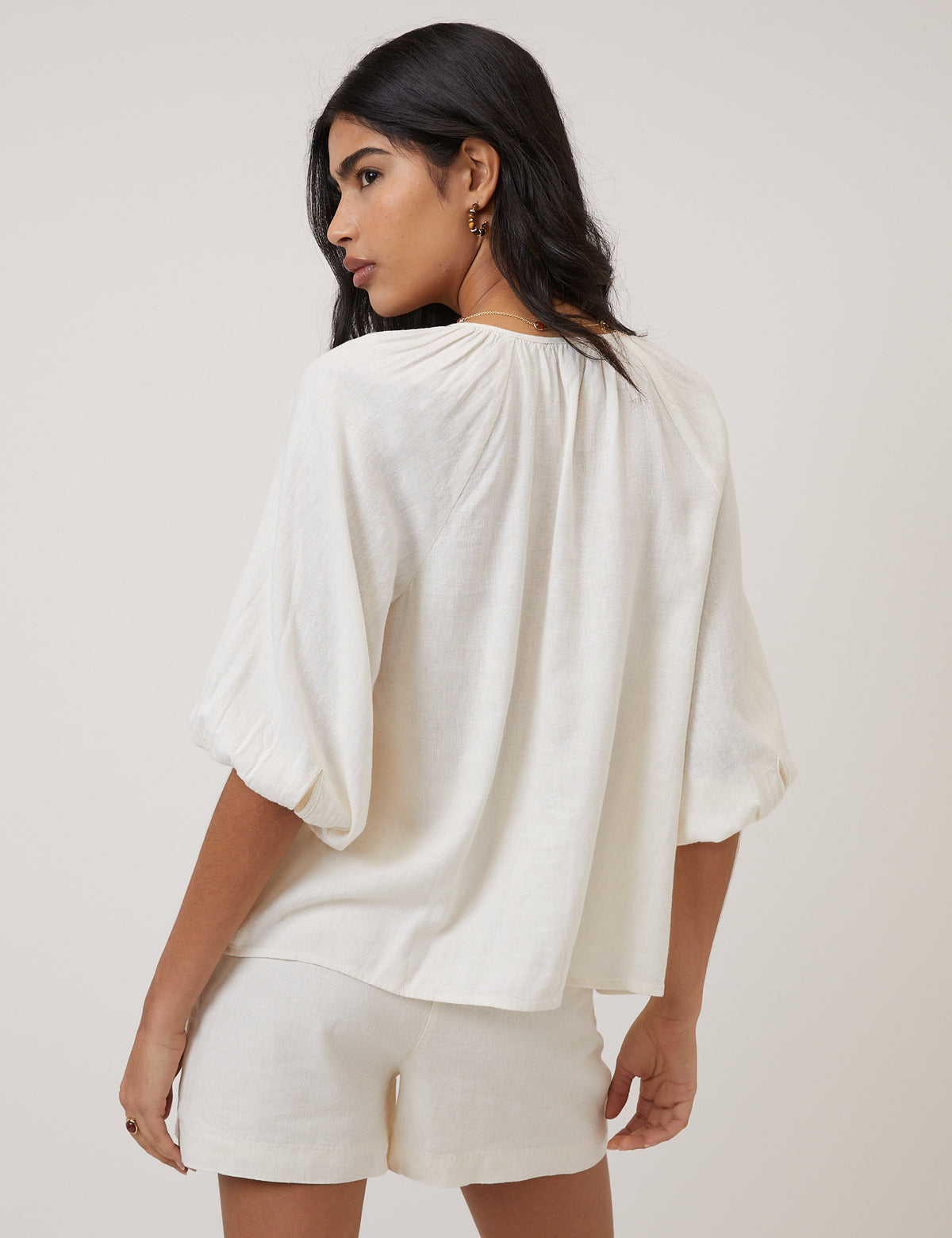 Cream Linen-Blend Blouse
