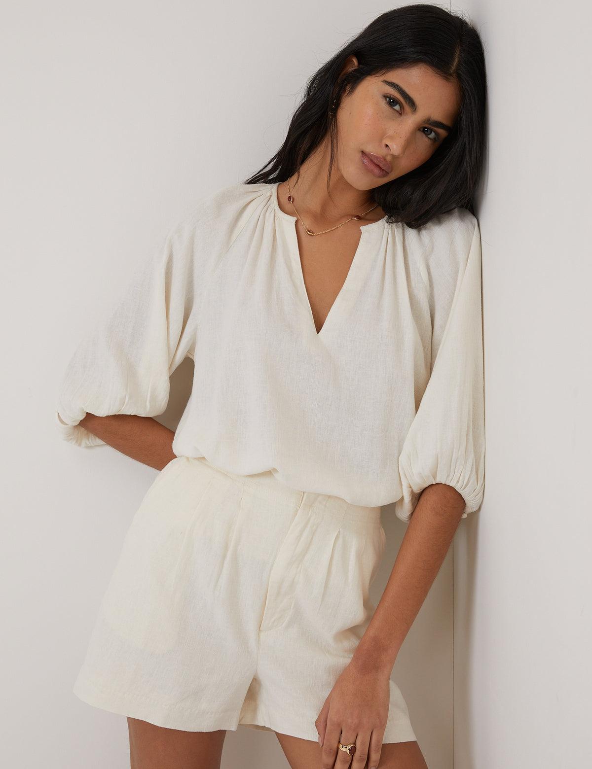 Cream Linen-Blend Blouse