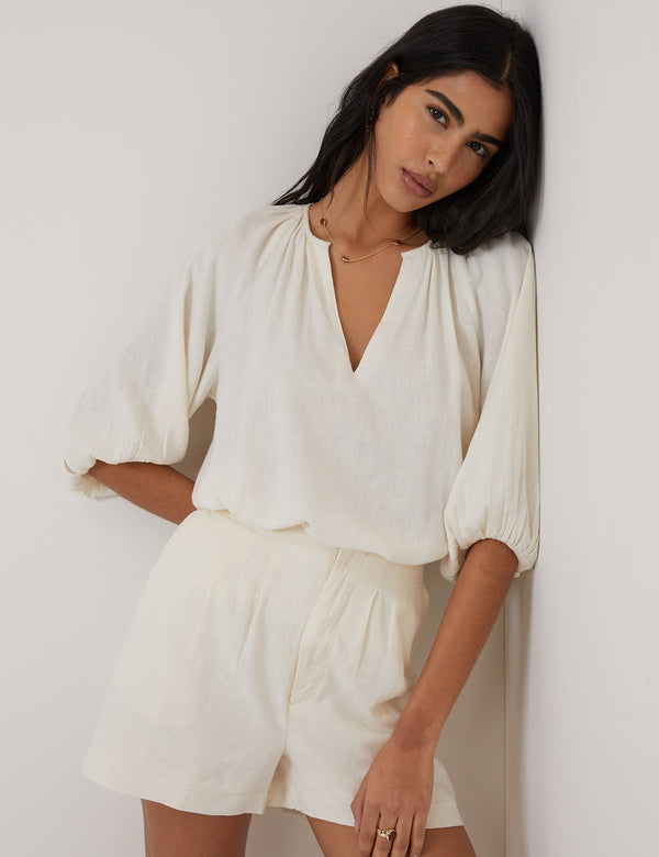 Cream Linen-Blend Blouse