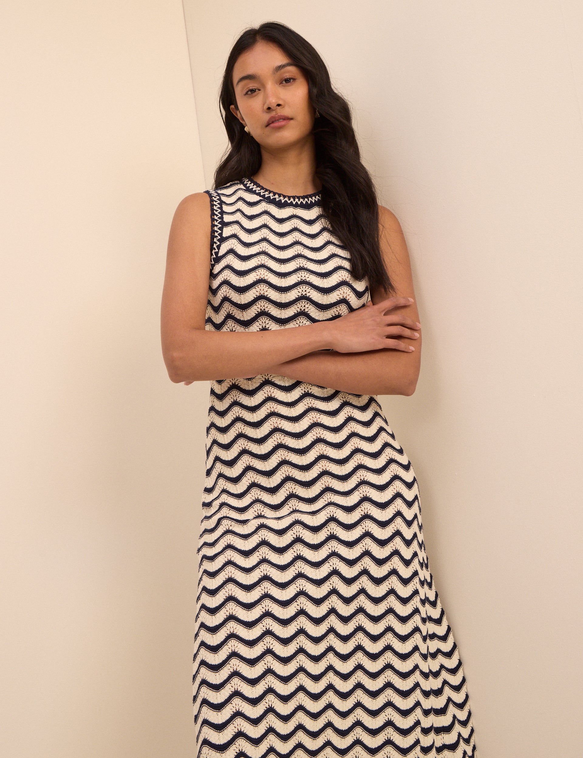 Navy and Cream Crochet Knitted Midi Dress