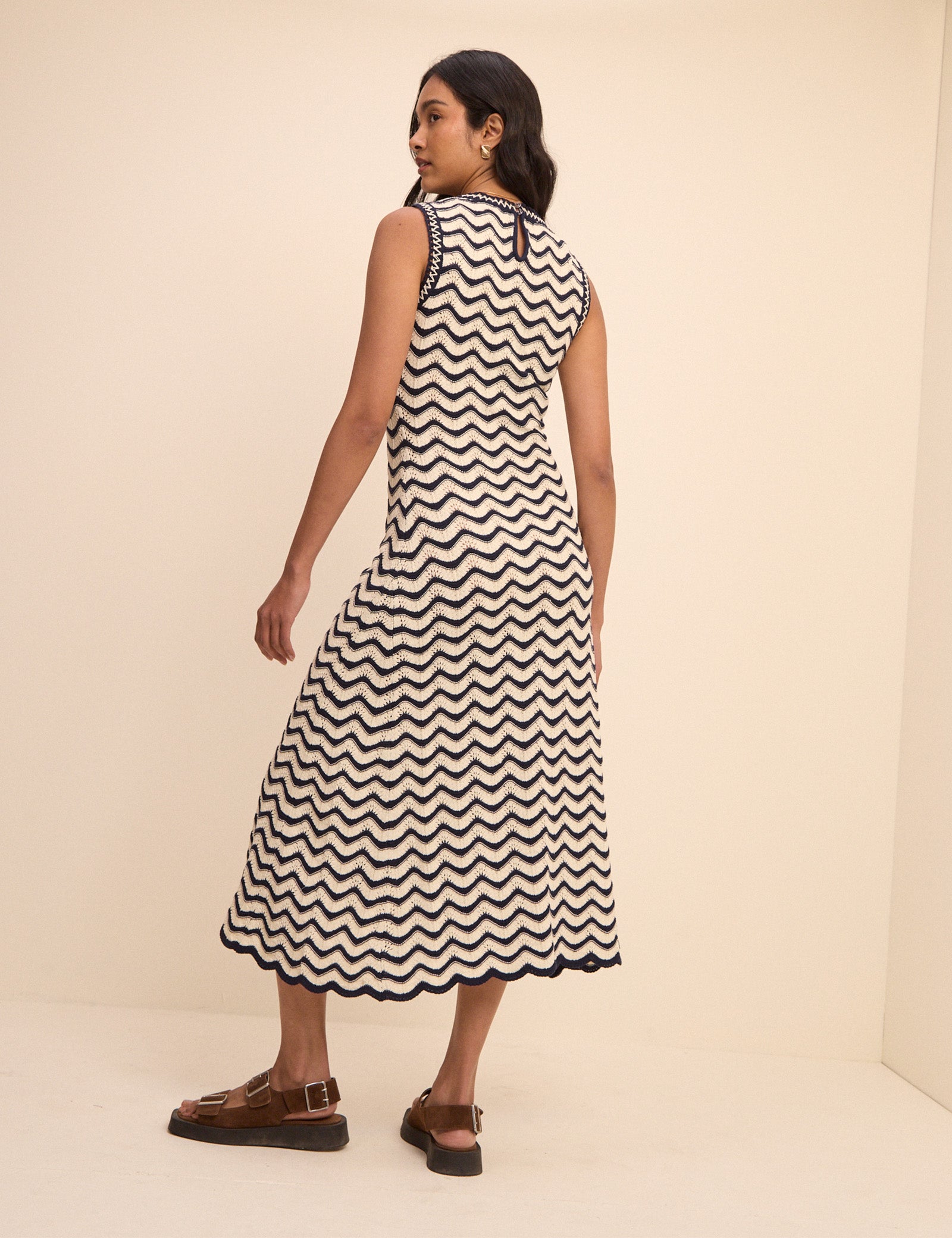 Navy and Cream Crochet Knitted Midi Dress