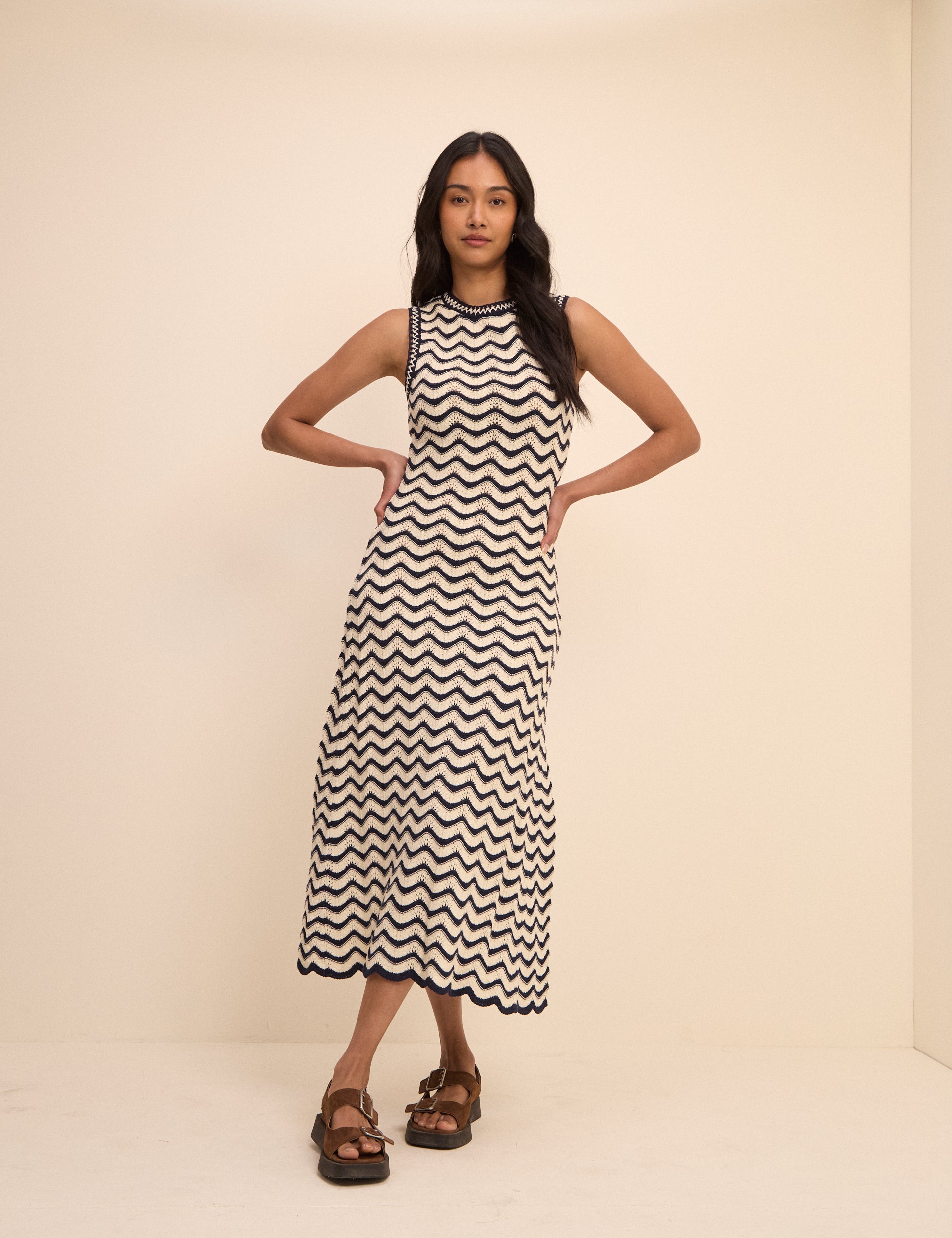 Navy and Cream Crochet Knitted Midi Dress