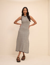 Navy and Cream Crochet Knitted Midi Dress