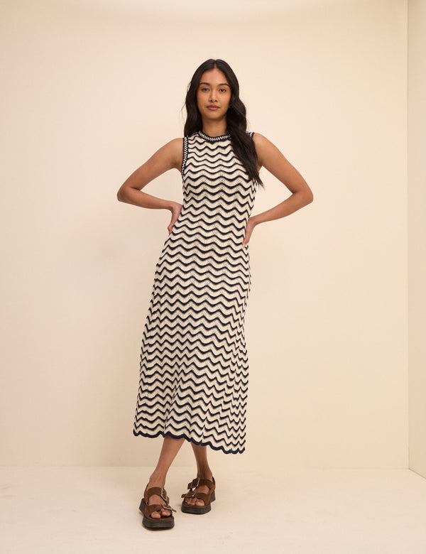 Navy and Cream Crochet Knitted Midi Dress
