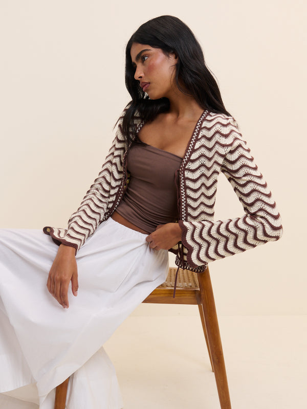 Cream and Brown Pointelle Knit Cardigan