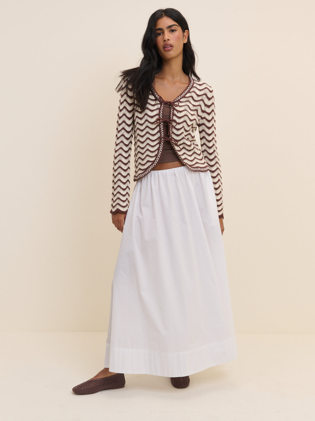 Cream and Brown Pointelle Knit Cardigan