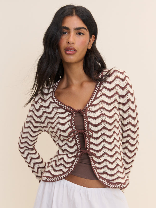 Cream and Brown Pointelle Knit Cardigan