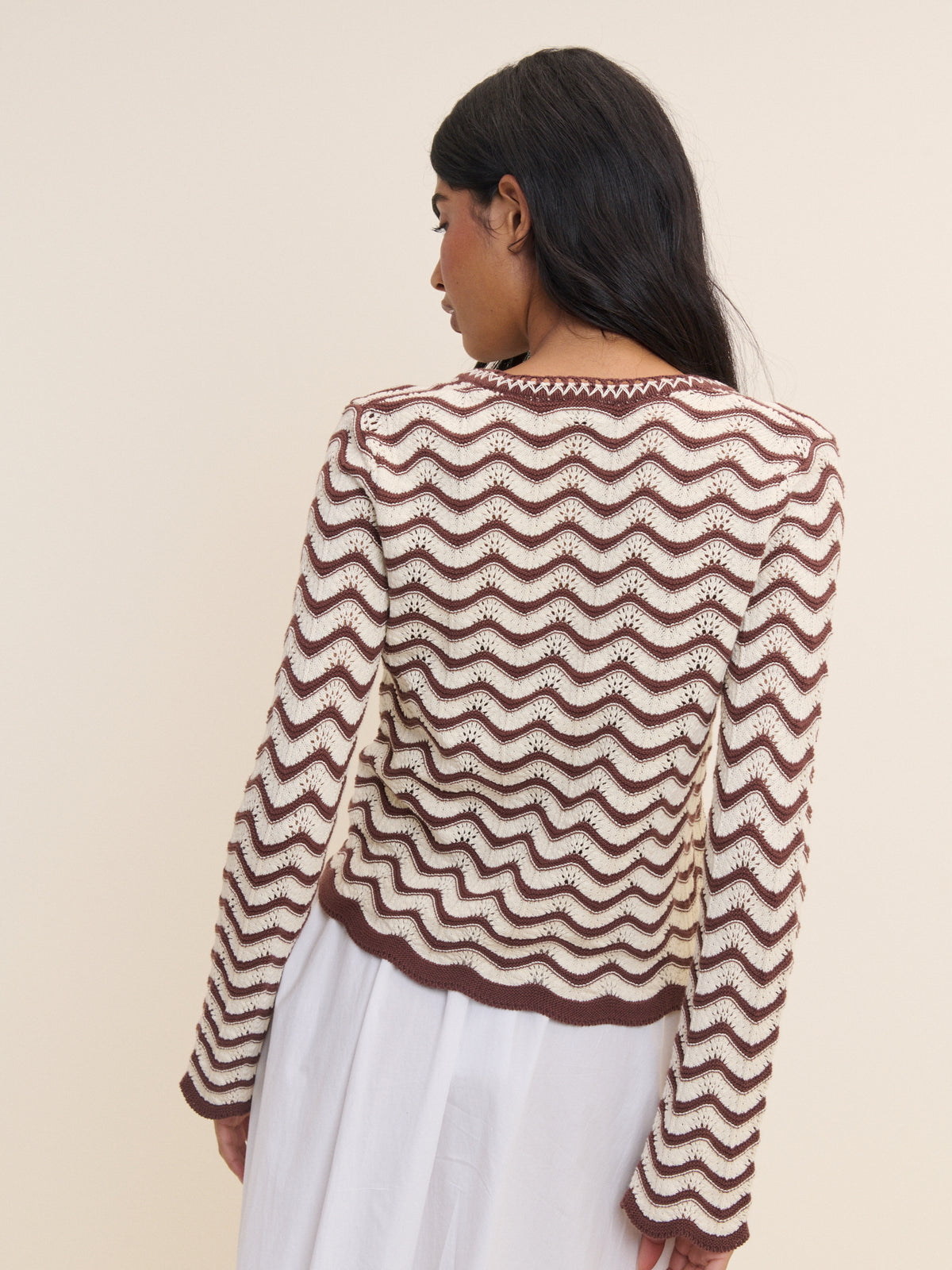 Cream and Brown Pointelle Knit Cardigan