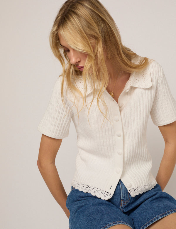 White Crochet Collar Shirt