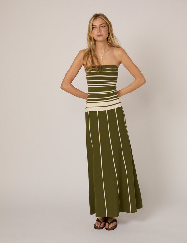 Green Striped Bandeau Knitted Midi Dress