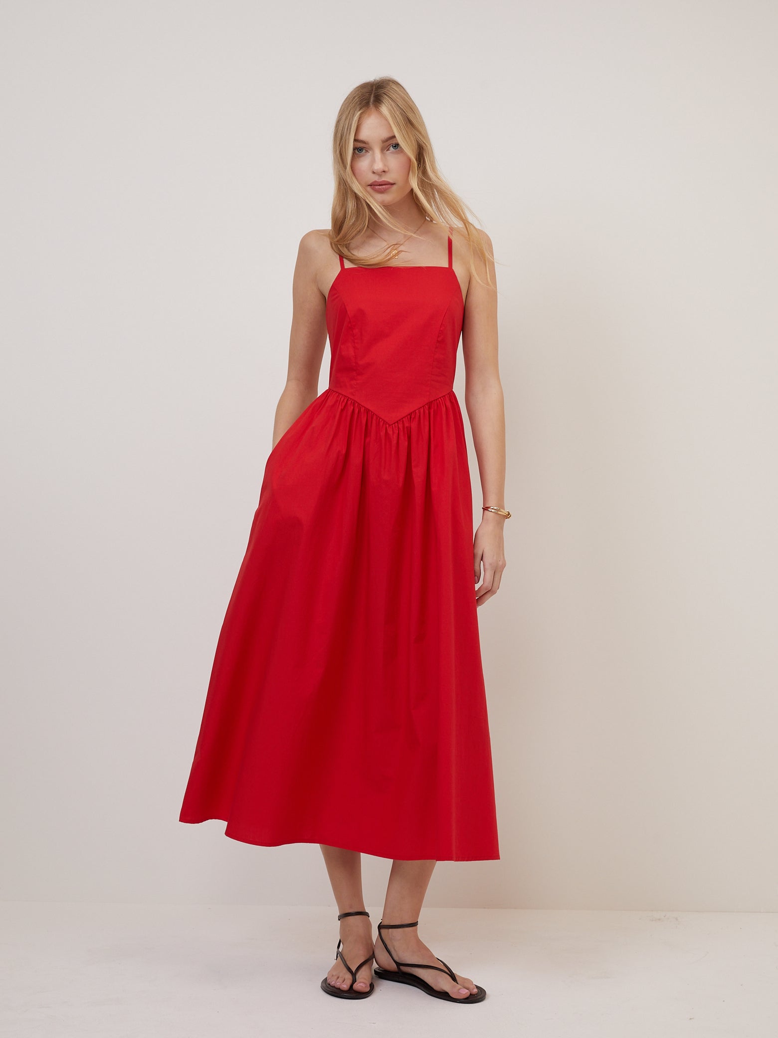 Red Fitted Bodice Briella Midi Dress Red Fitted Bodice Briella Midi Dress