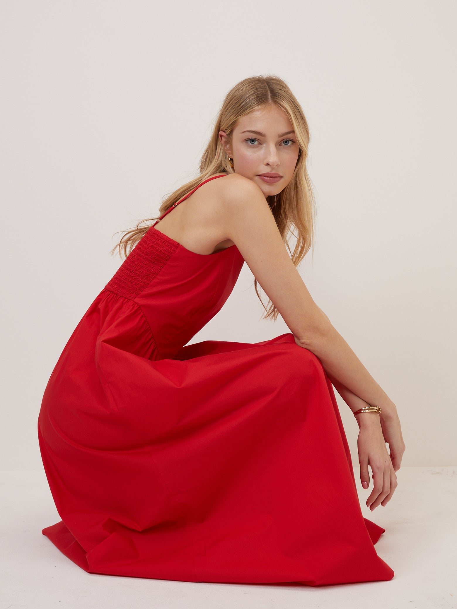 Red Fitted Bodice Briella Midi Dress Red Fitted Bodice Briella Midi Dress