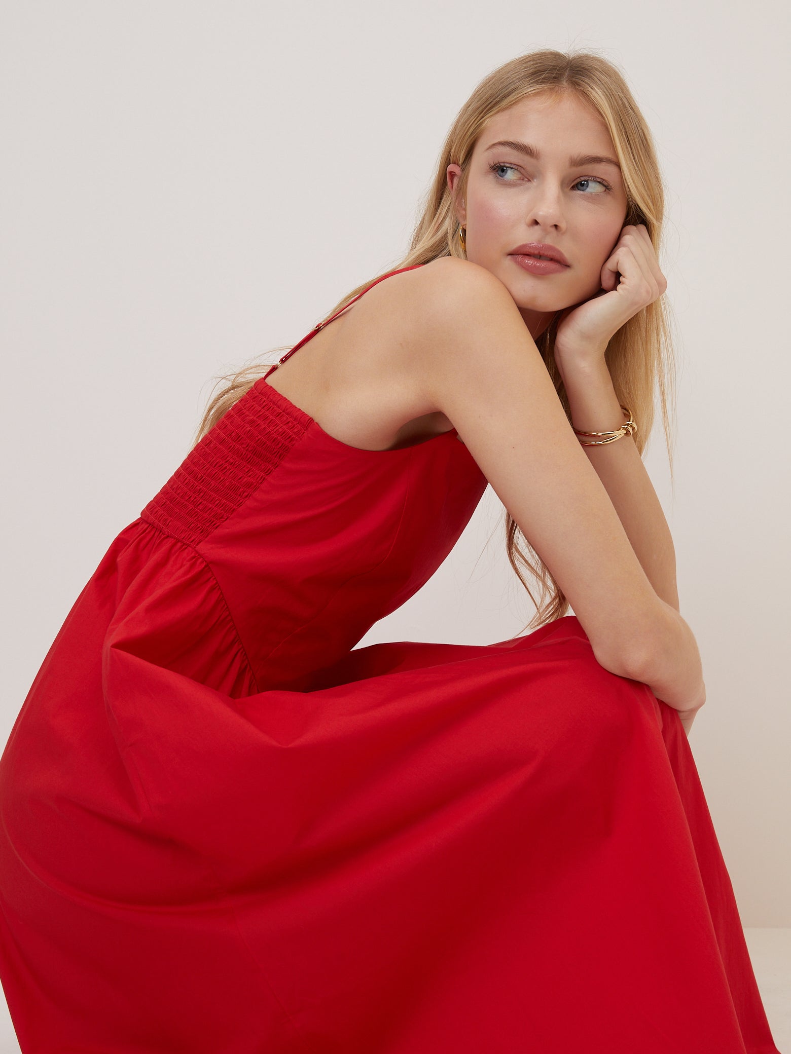 Red Fitted Bodice Briella Midi Dress Red Fitted Bodice Briella Midi Dress