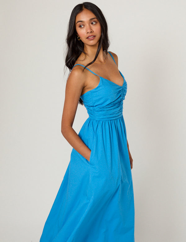 Blue Ruched Paige Midi Dress