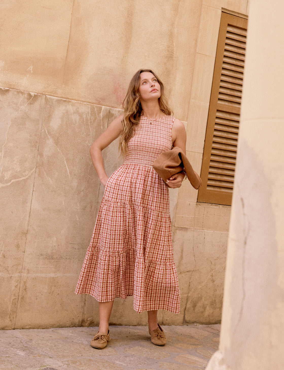 Pink and Red Gingham Shirred Charlie Midi Dress Pink and Red Gingham Shirred Charlie Midi Dress