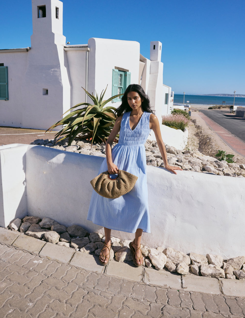 Blue Ruched Sleeveless Audrey Midi Dress