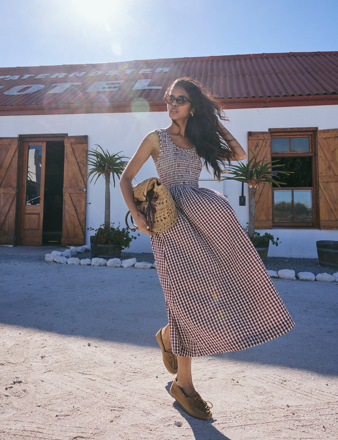Burgundy Gingham Shirred Kinsley Midi Dress