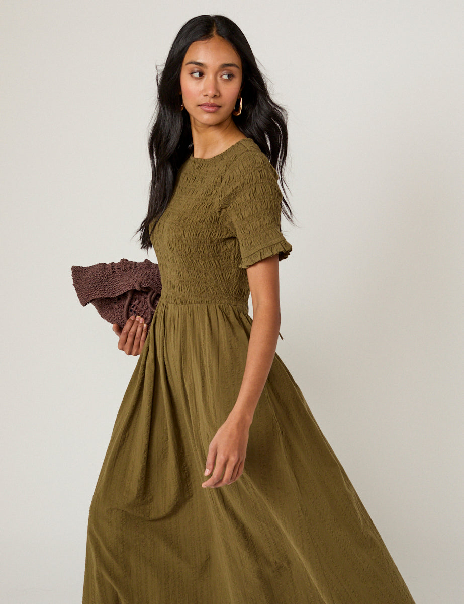 Leah Shirred Bodice Cut-Out Back Midi Dress