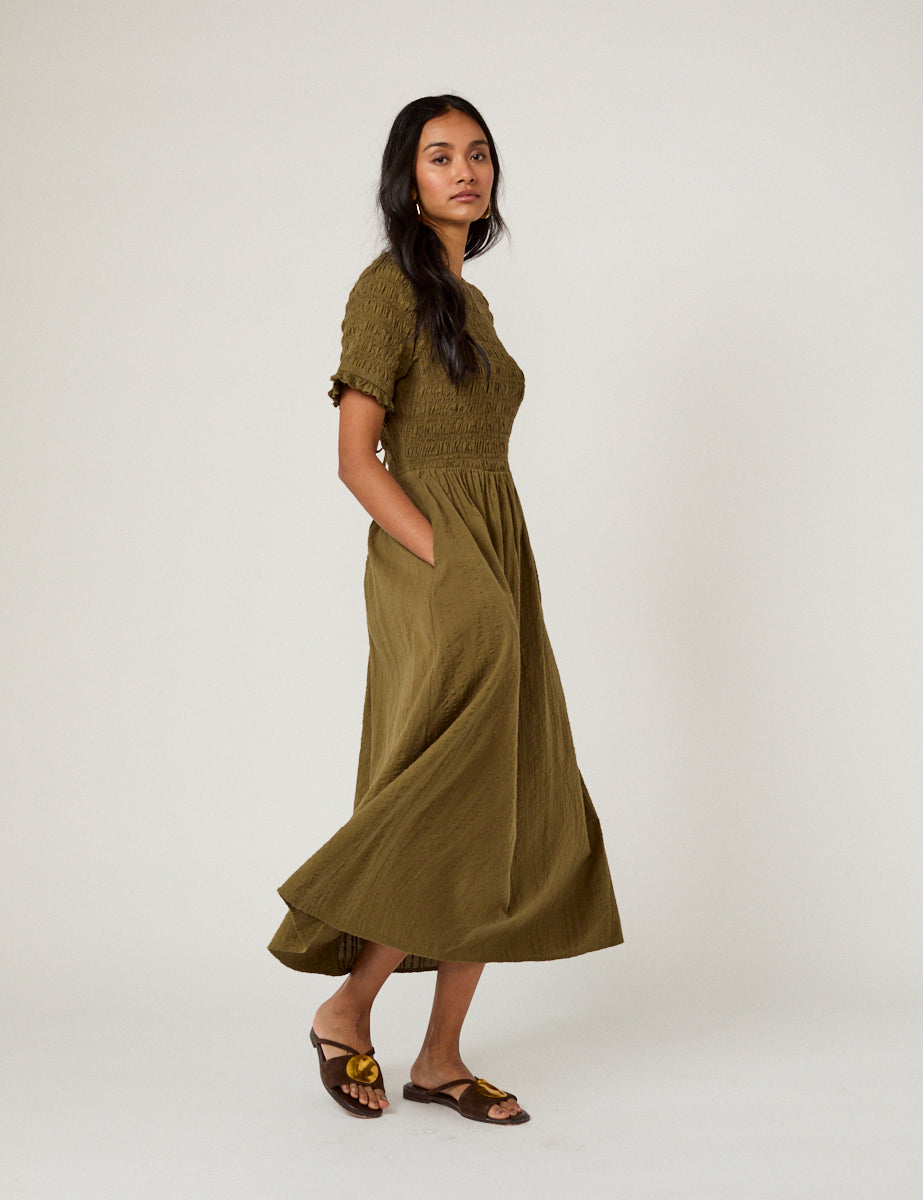 Khaki Shirred Leah Midi Dress