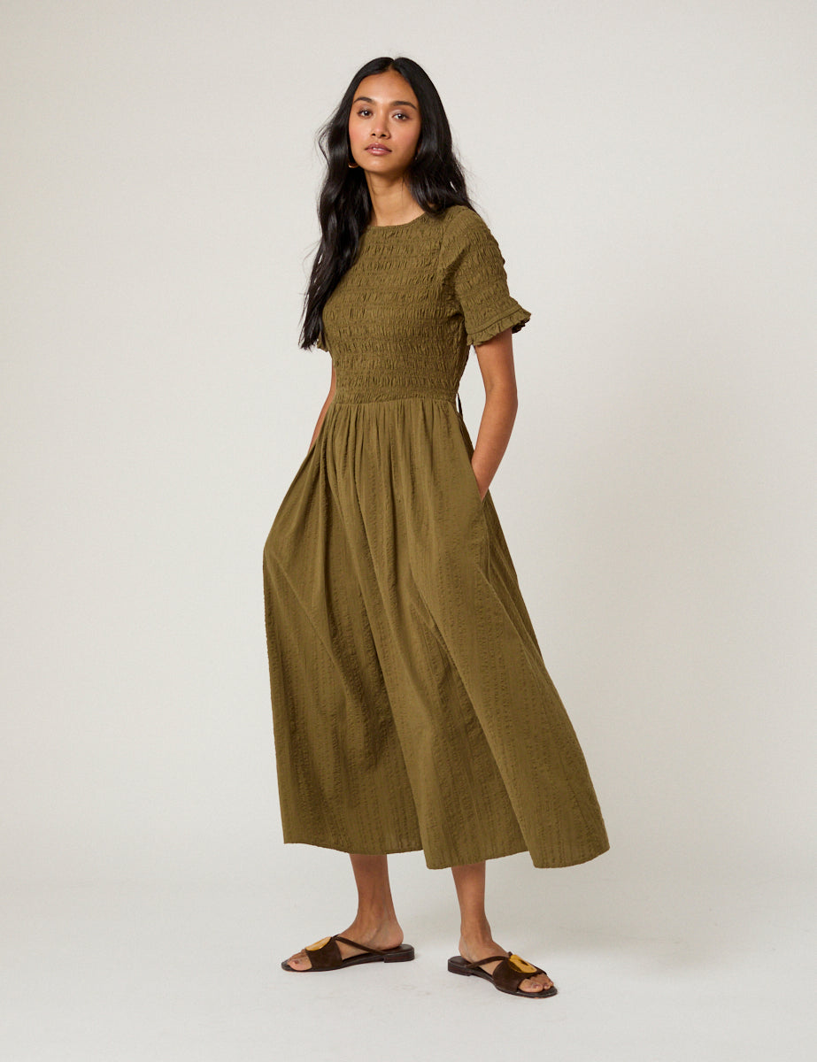 Khaki Shirred Leah Midi Dress