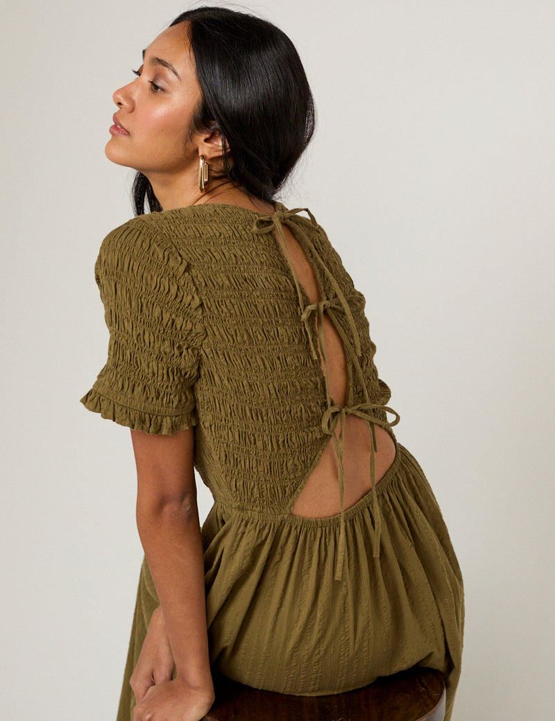 Leah Shirred Bodice Cut-Out Back Midi Dress