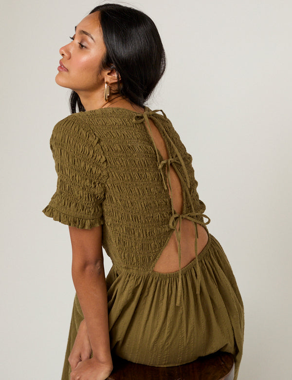 Khaki Shirred Leah Midi Dress