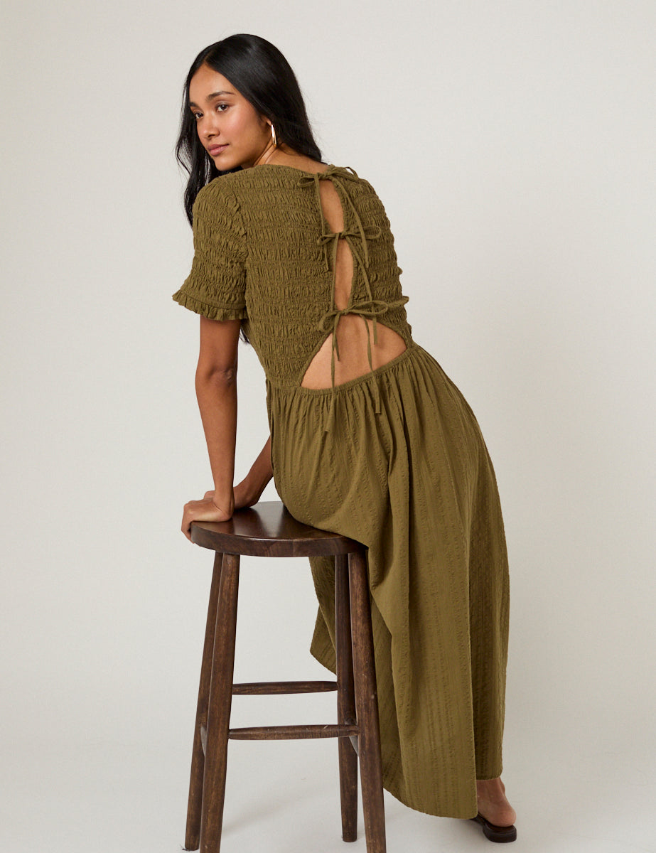 Khaki Shirred Leah Midi Dress
