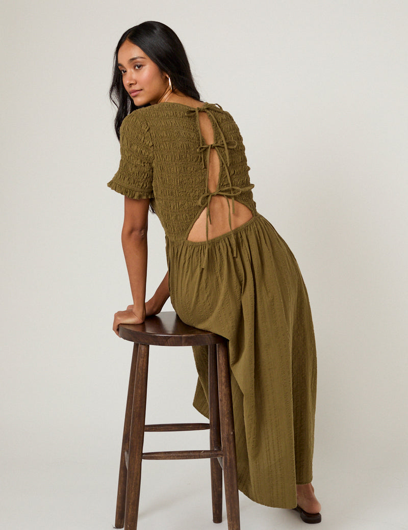 Khaki Shirred Leah Midi Dress