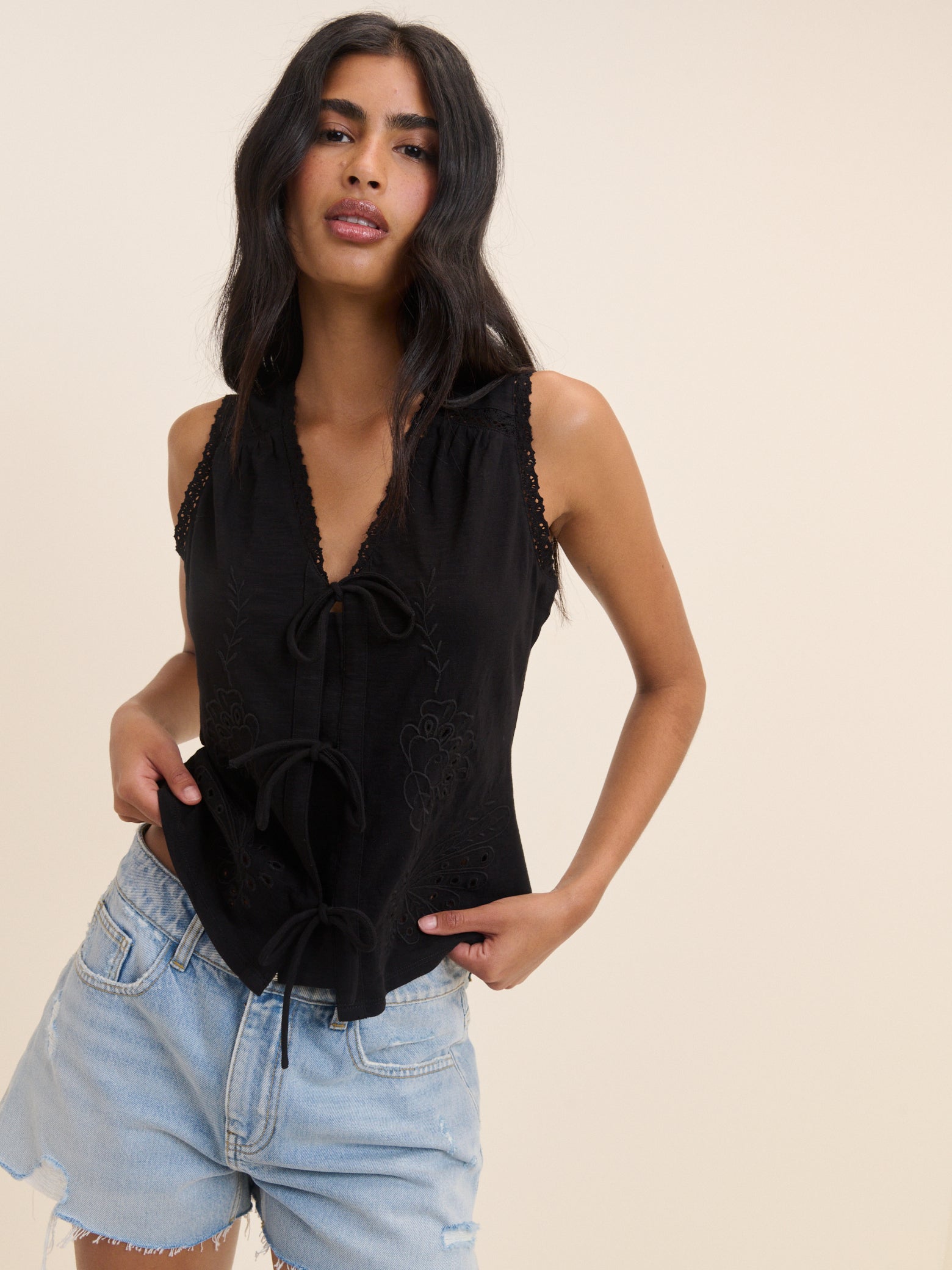 Black Embroidered Tie Front Top