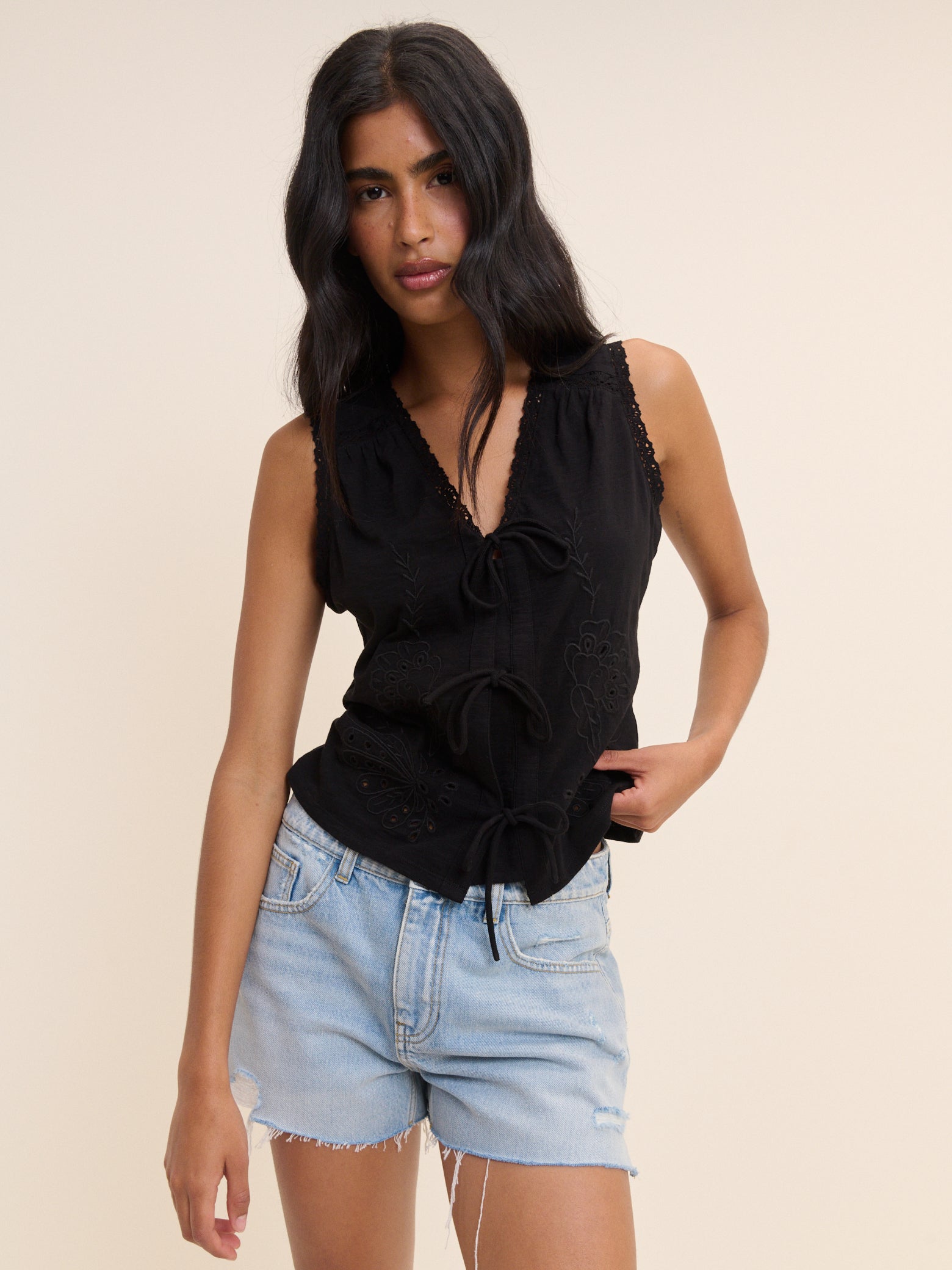 Black Embroidered Tie Front Waistcoat