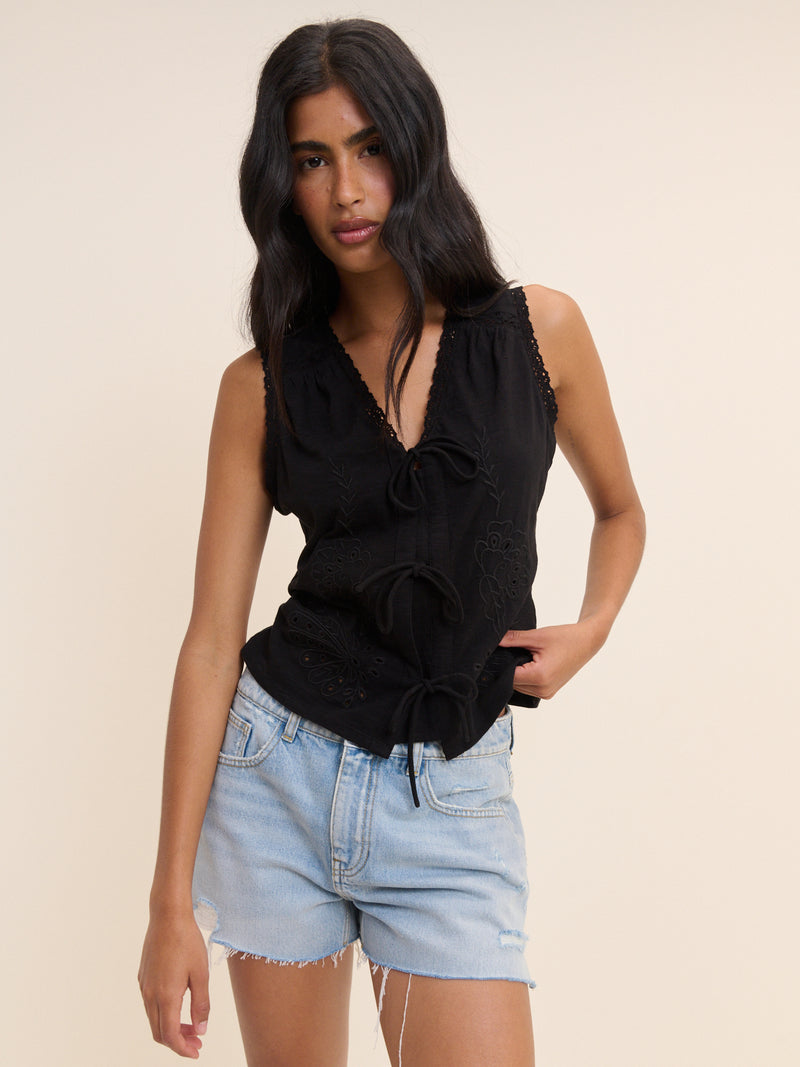Black Embroidered Tie Front Top