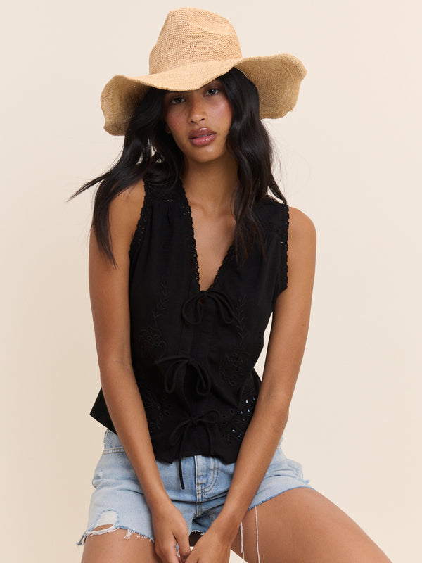 Black Embroidered Tie Front Top