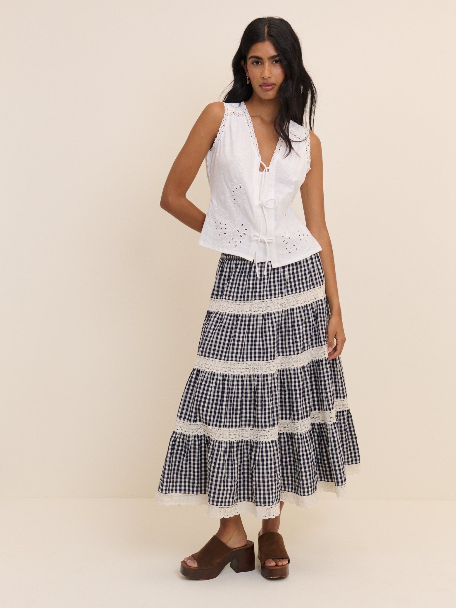 White Embroidered Tie Front Top