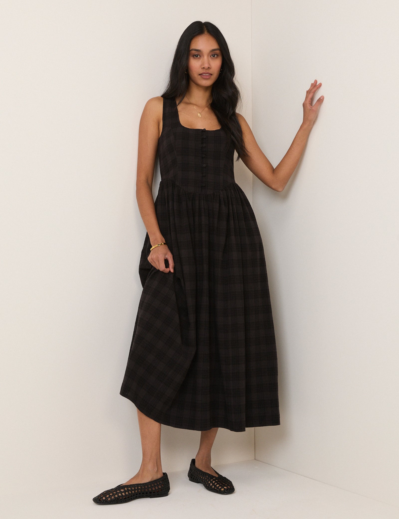 Black Check Linen-Blend Cora Midi Dress Black Check Linen-Blend Cora Midi Dress