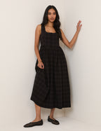 Black Check Linen-Blend Cora Midi Dress