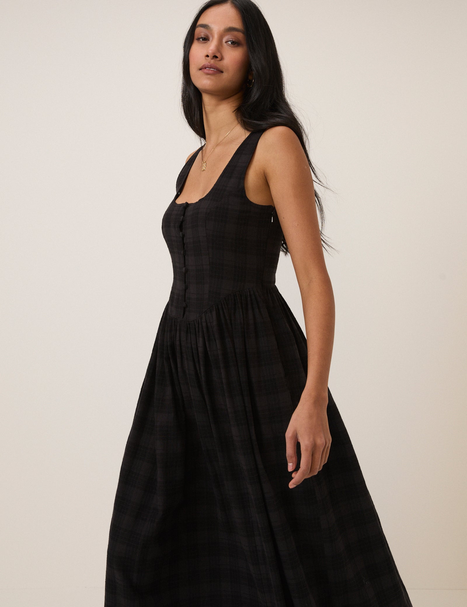 Black Check Linen-Blend Cora Midi Dress