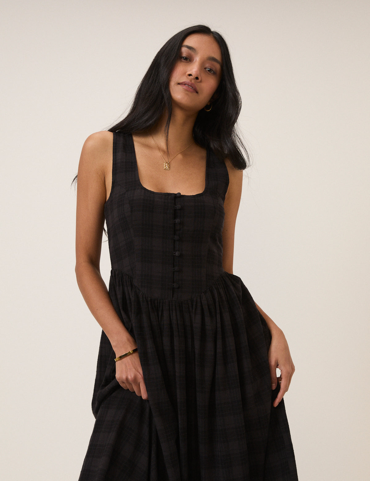 Black Check Linen-Blend Cora Midi Dress