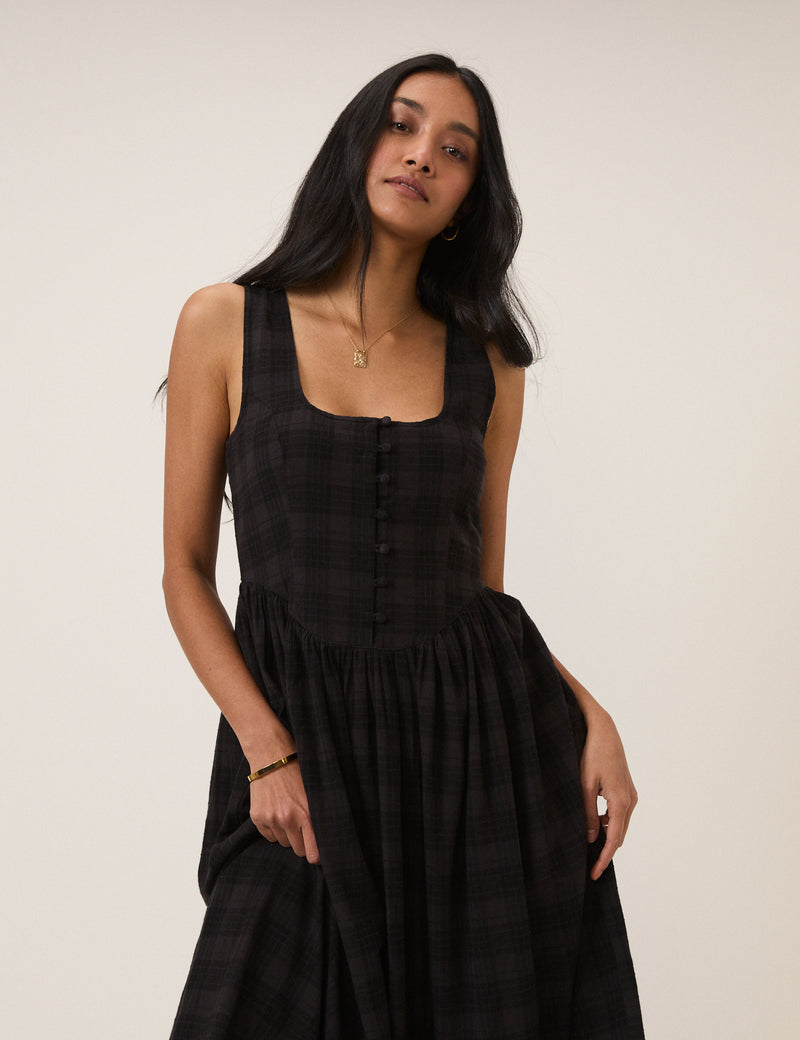 Black Check Linen-Blend Cora Midi Dress