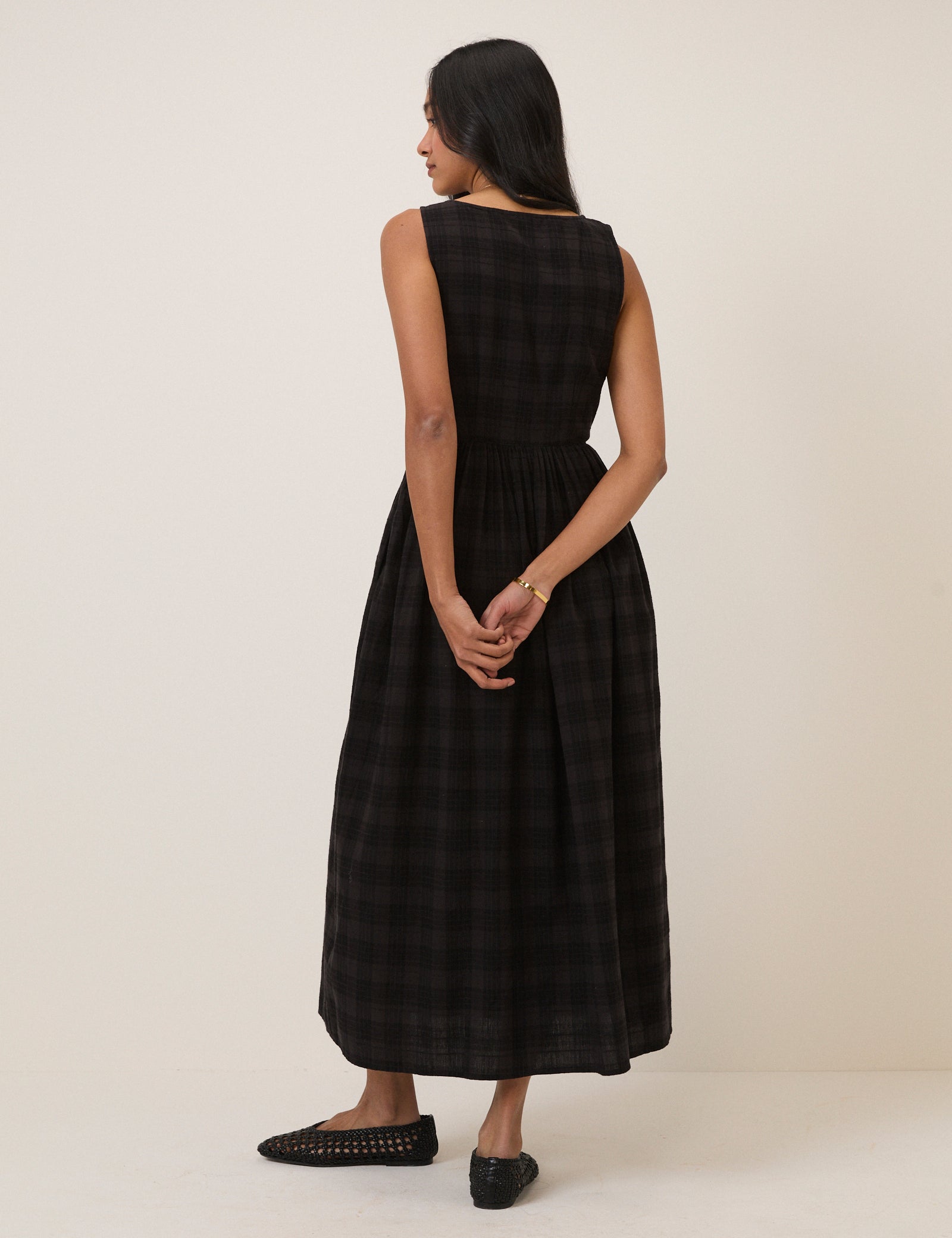 Black Check Linen-Blend Cora Midi Dress