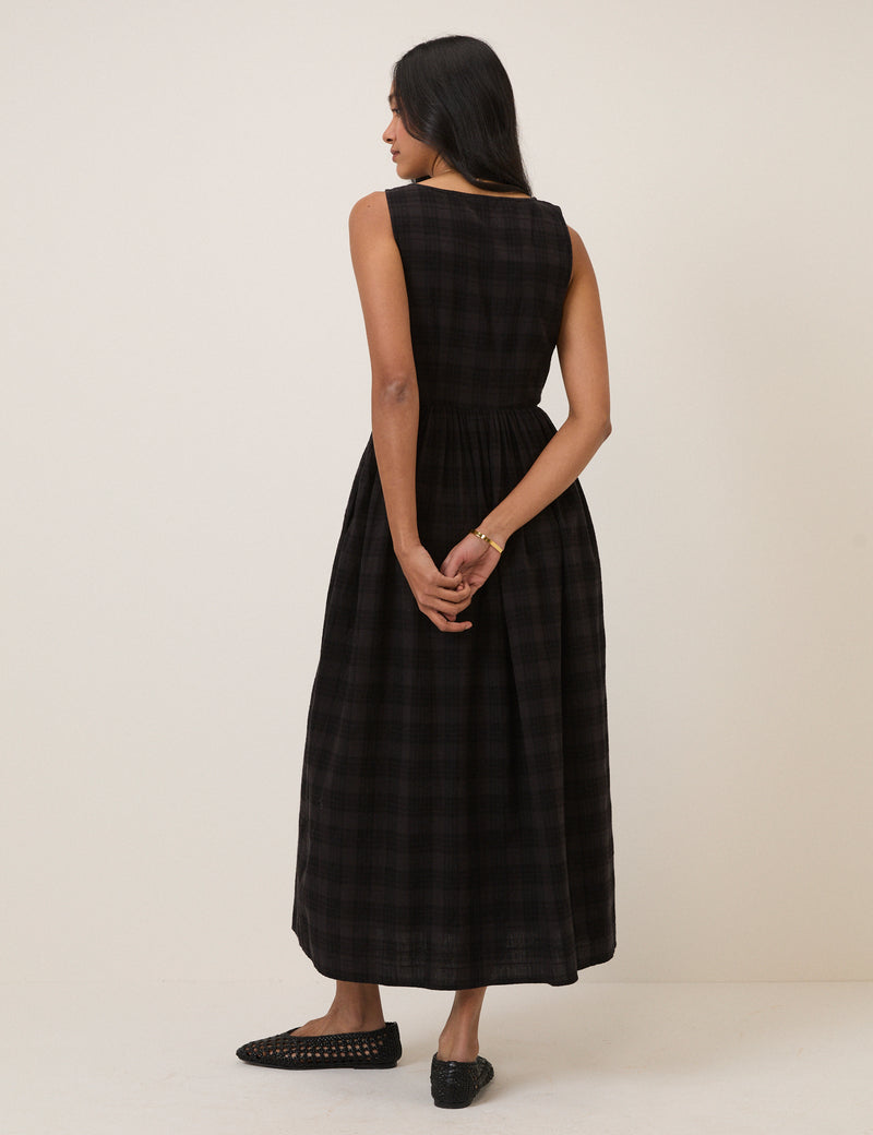 Black Check Linen-Blend Cora Midi Dress